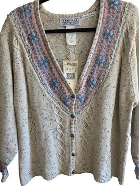 1990s Jantzen Embroidered Large Cable Knit Cardigan Grandma Cottage Deadstock